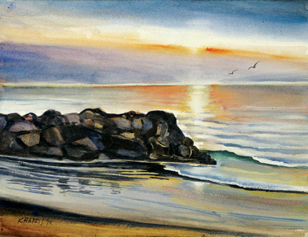 Newport Beach Watercolor Rocks Sea Birds